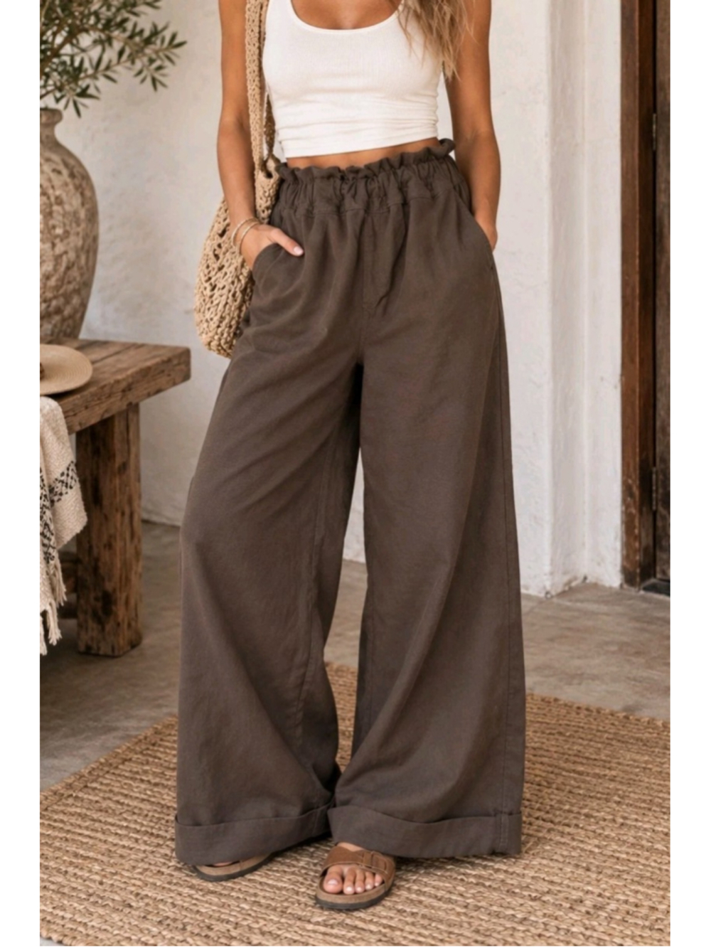 Free People FP Beach Brown Wide Leg Sz S Pants Paperbag Waist 100% Cotton Cuffed